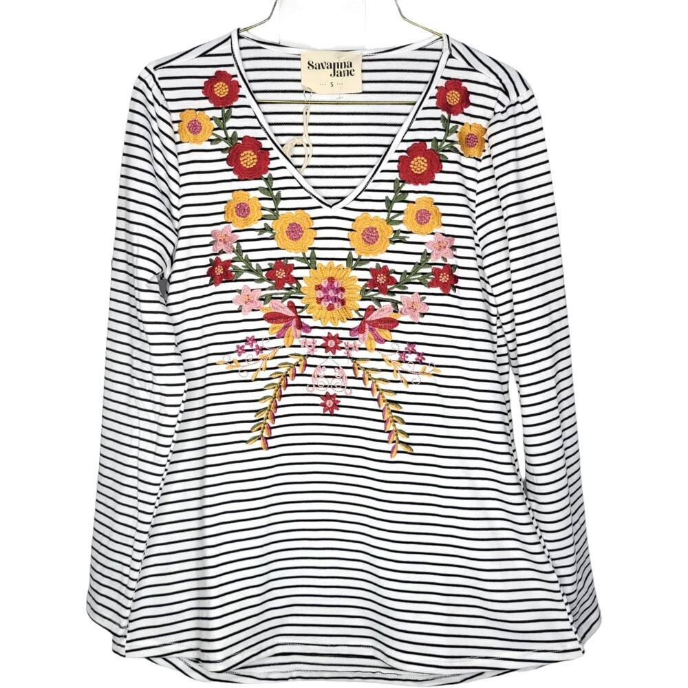 Savanna Jane Floral Embroidered White/Black Striped Long Sleeve V-Neck Top S - Picture 2 of 6